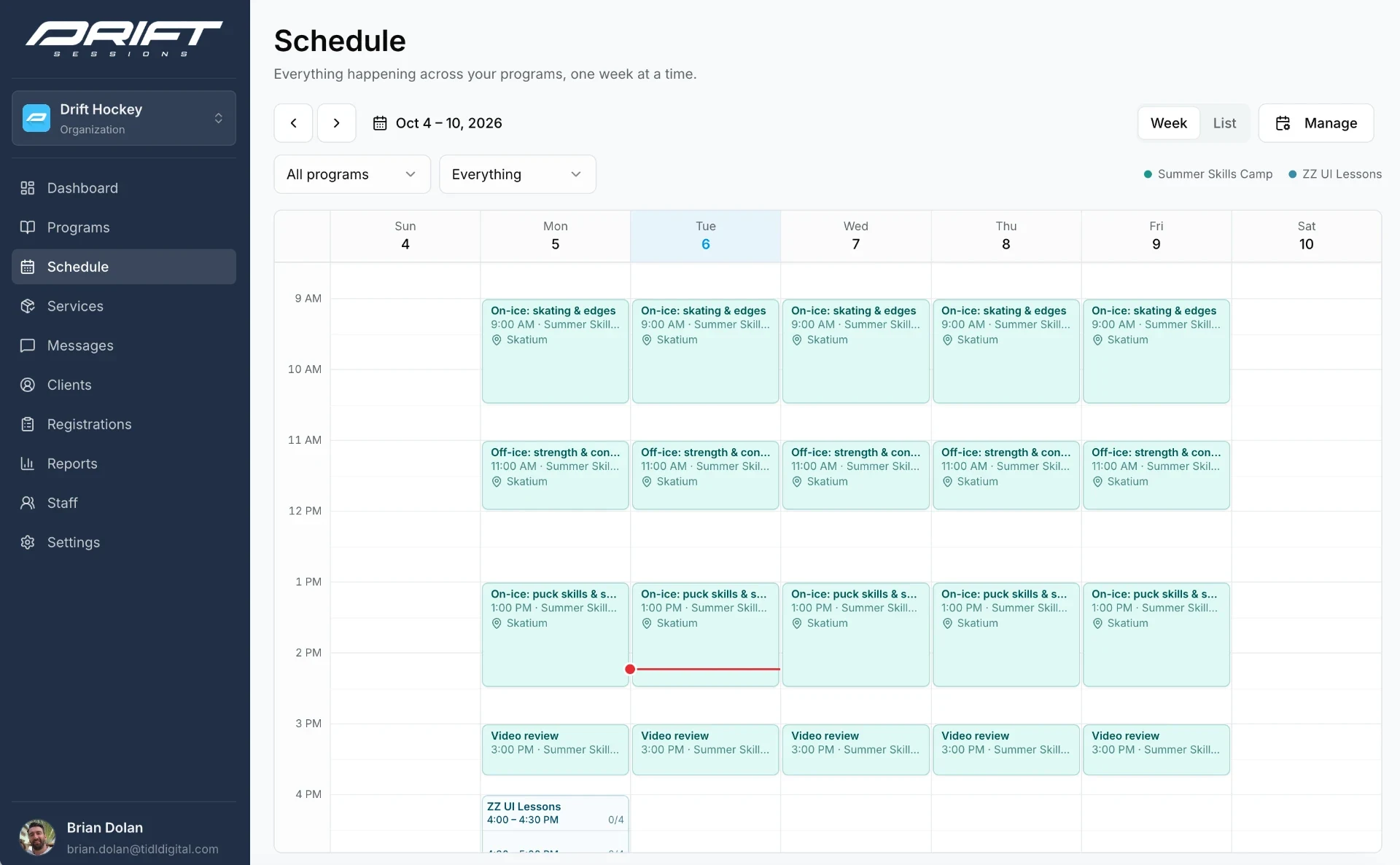 The weekly schedule in Drift Sessions with every session across all programs