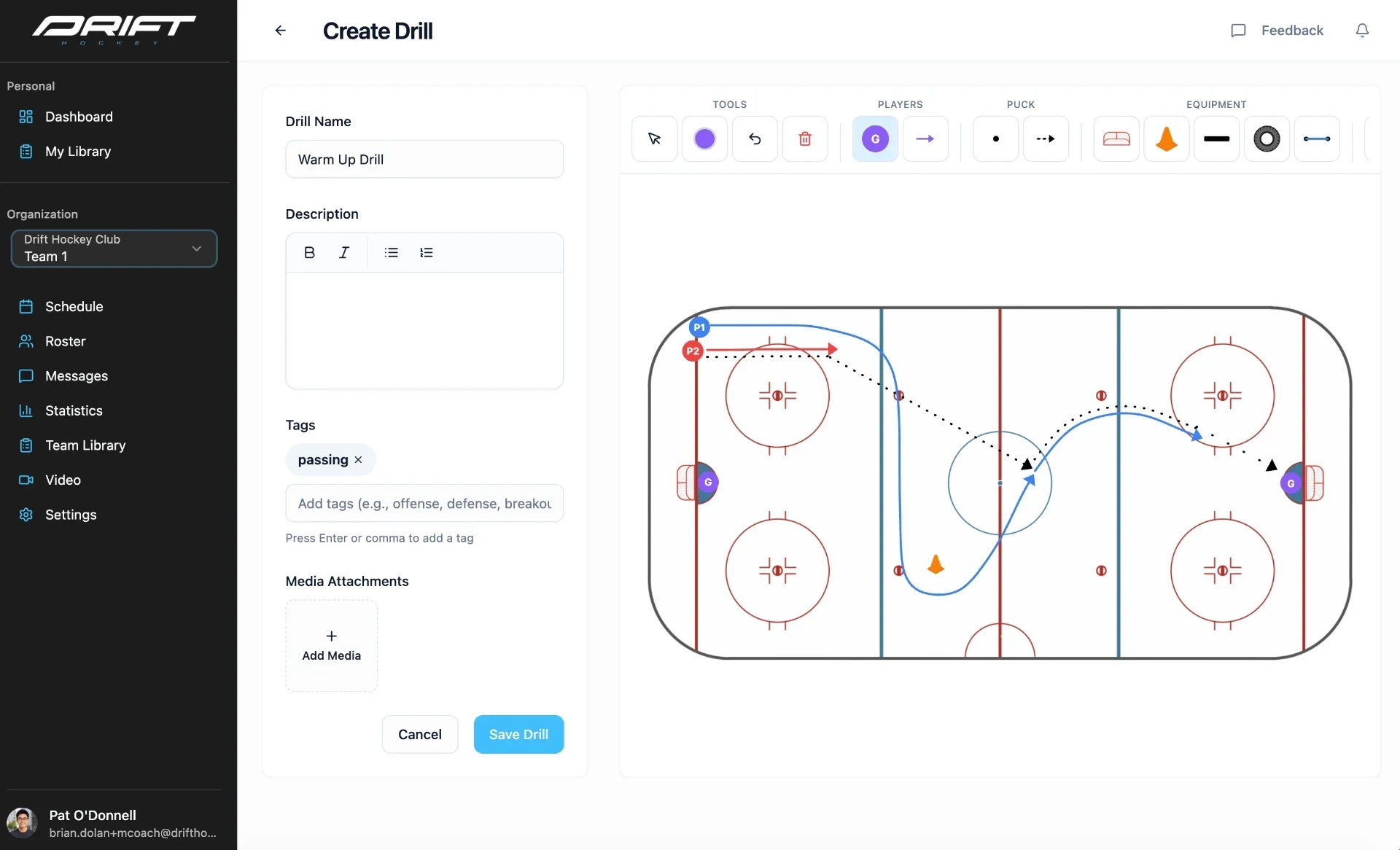 Drawing a drill on a rink diagram in Drift Teams