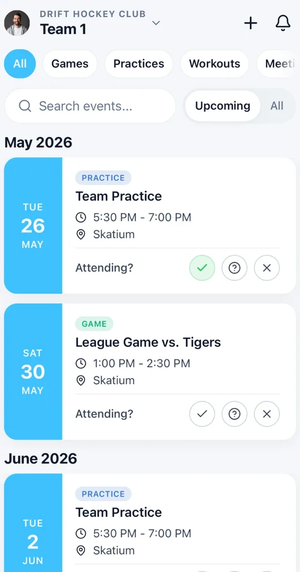 The Drift Teams schedule on a phone, with an attending response on each event